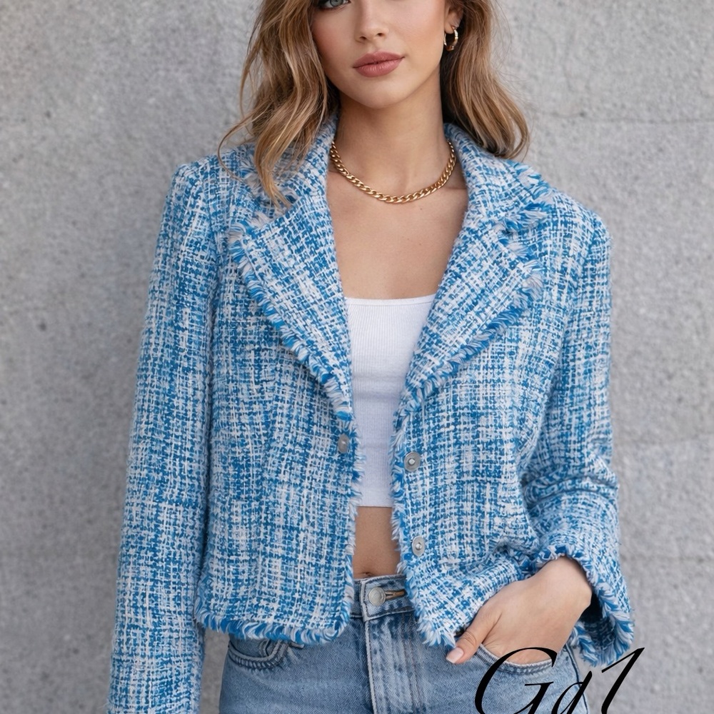 Chadwicks Light Blue & White Tweed Frayed-Trim Blazer
